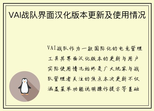 VAI战队界面汉化版本更新及使用情况